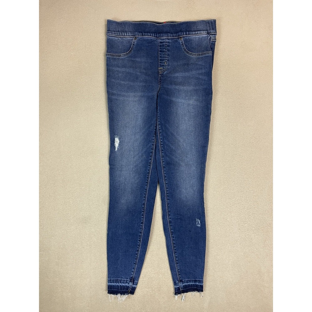 Spanx Leggings Womens M Denim Leggings Blue Distressed Raw Hem EUC